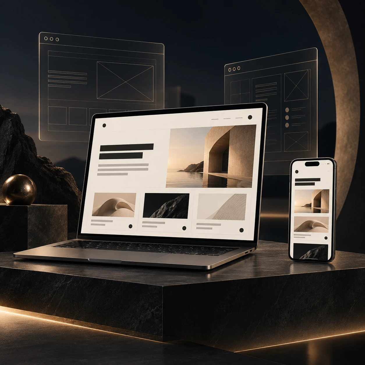 Illustration de la création web : un site aux tons ivoire et or présenté sur ordinateur et téléphone, devant des maquettes de pages sur fond sombre.