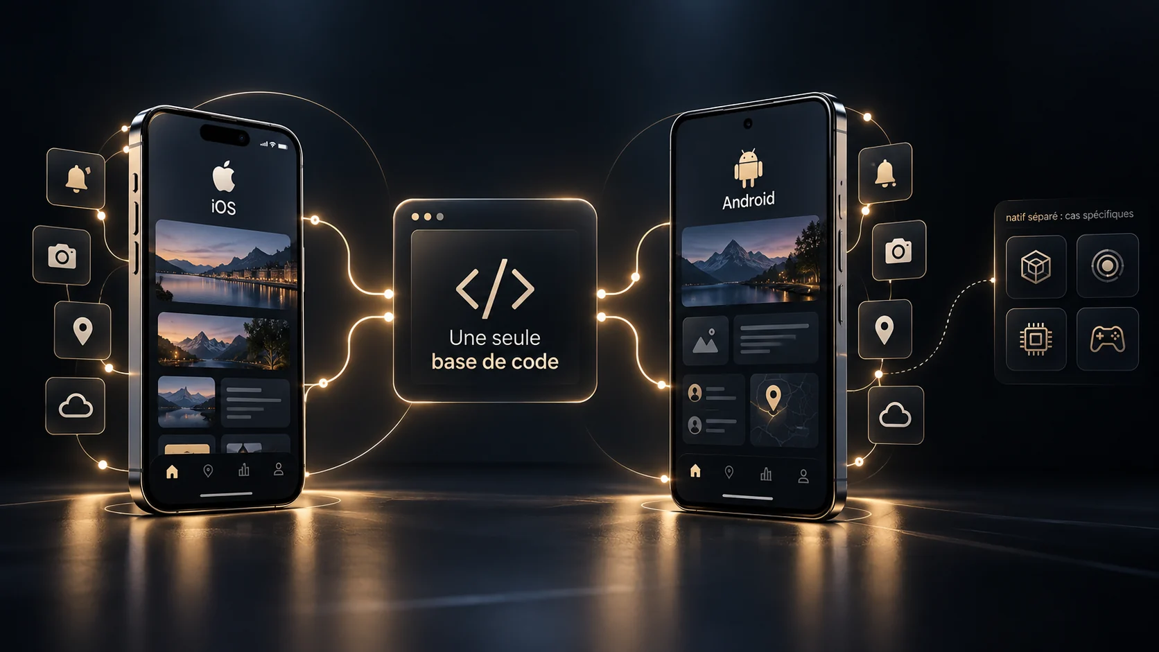 Une seule base de code reliée à une application iOS et à une application Android, avec notifications, appareil photo, géolocalisation et synchronisation ; le développement natif séparé reste réservé aux cas spécifiques.