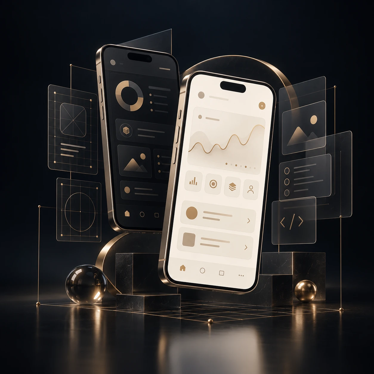 Illustration du développement mobile : deux smartphones aux interfaces ivoire et dorées, entourés de composants et de maquettes sur fond sombre.