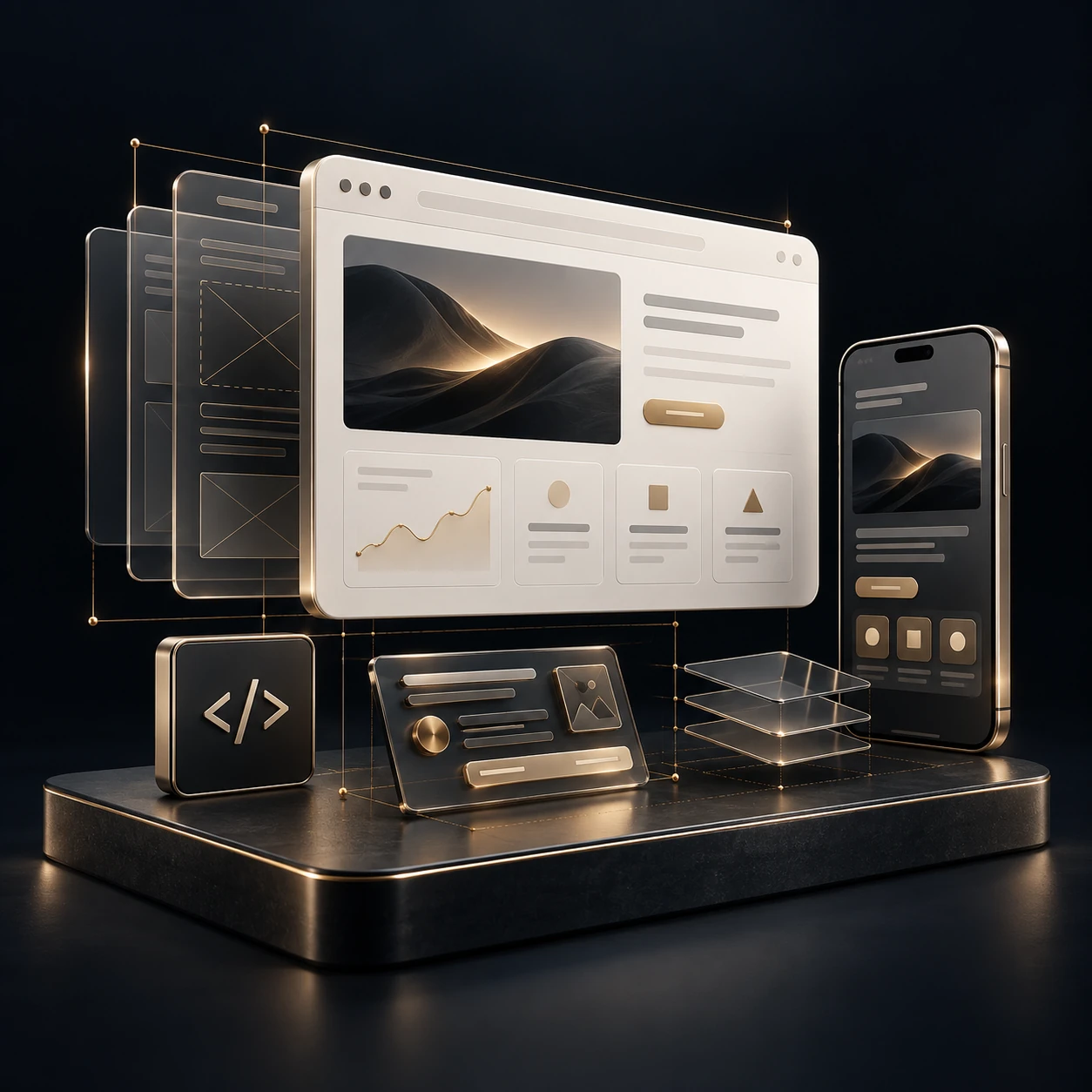 Illustration du développement sur mesure : interfaces web et mobile, maquettes en couches et composants assemblés, dans des tons noir, ivoire et or.