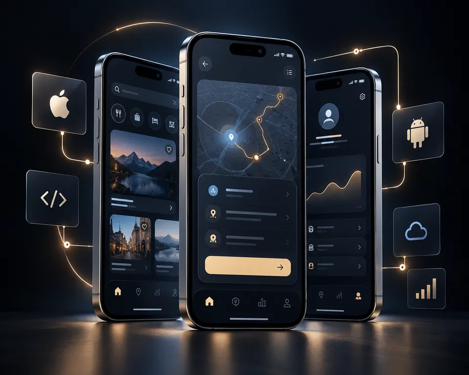Trois smartphones affichant les écrans d'une application mobile, reliés à des icônes iOS, Android, code et cloud.