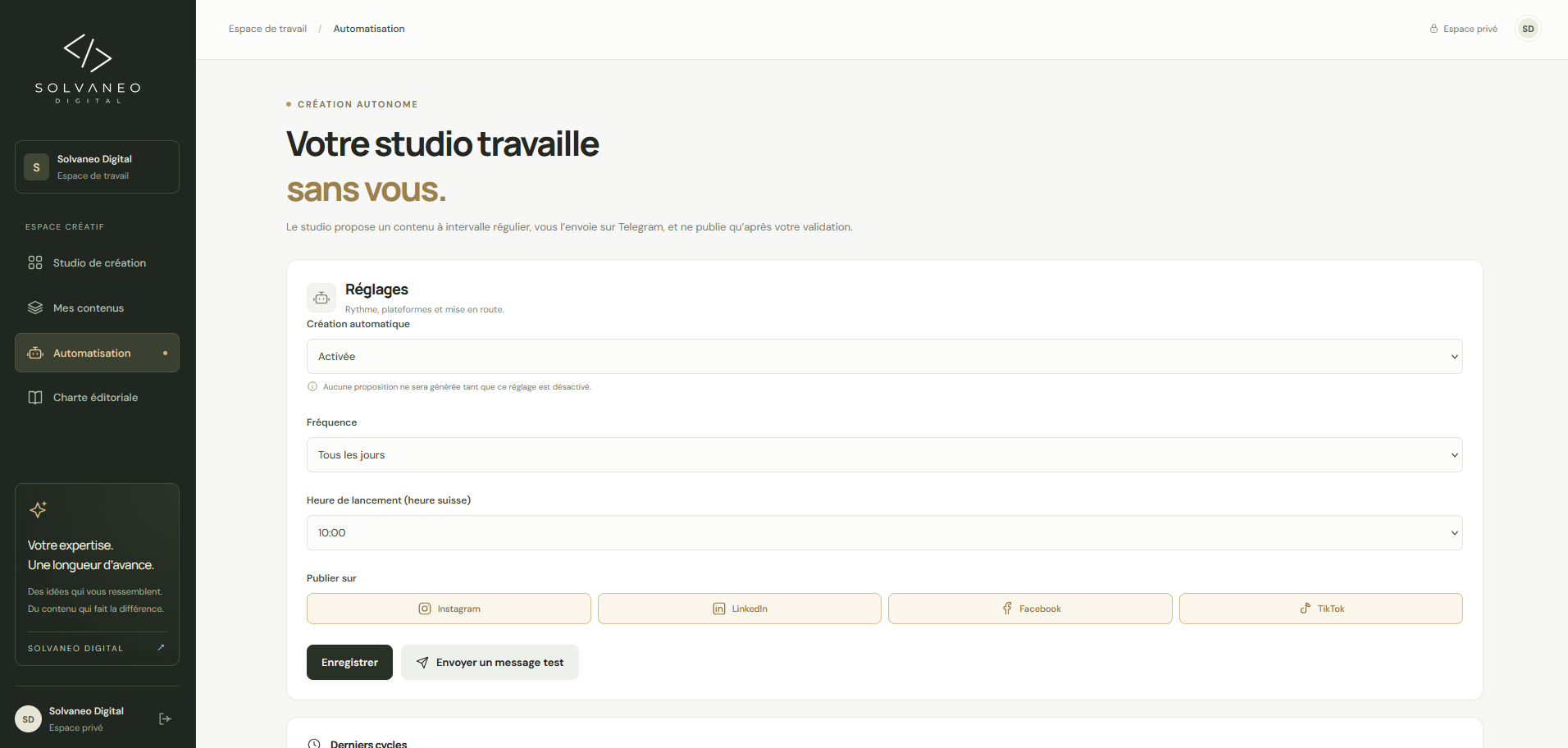 Réglages d'automatisation du studio : fréquence, horaire et réseaux de publication.