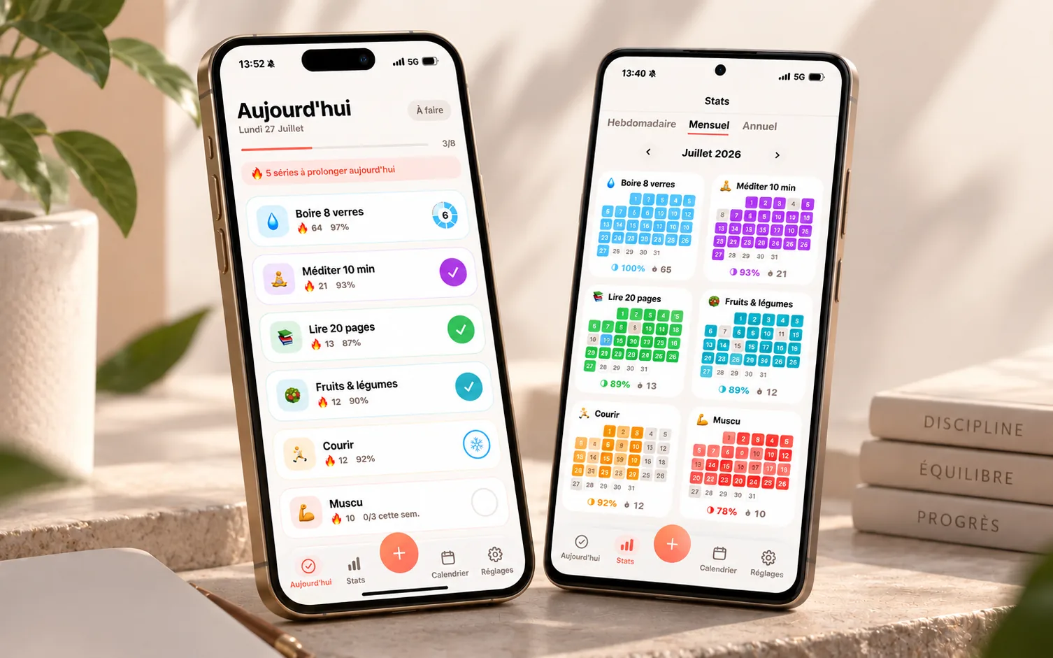 Strike sur deux smartphones : habitudes à cocher dans la vue Aujourd'hui et calendriers de réussite dans les statistiques mensuelles.